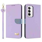 For OPPO Reno12 5G Global Metal Bow Leather Phone Case with Hand Strap(Purple)