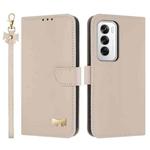 For OPPO Reno12 5G Global Metal Bow Leather Phone Case with Hand Strap(Apricot)