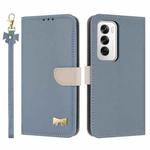 For OPPO Reno12 5G Global Metal Bow Leather Phone Case with Hand Strap(Light Blue)