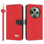 For OPPO Reno12 F Global Metal Bow Leather Phone Case with Hand Strap(Red)