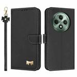 For OPPO Reno12 F Global Metal Bow Leather Phone Case with Hand Strap(Black)