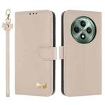 For OPPO Reno12 F Global Metal Bow Leather Phone Case with Hand Strap(Apricot)