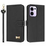 For OPPO Reno13 F Global Metal Bow Leather Phone Case with Hand Strap(Black)