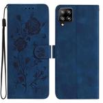 For Samsung Galaxy M32 Rose Flower Embossing Pattern Leather Phone Case(Dark Blue)