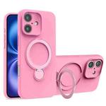 For iPhone 16 Liquid Silicone MagSafe Holder Phone Case(Rose Pink)
