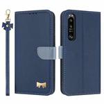 For Sony Xperia 1 IV Metal Bow Leather Phone Case with Hand Strap(Dark Blue)