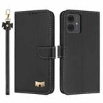 For Motorola Moto G14 4G / G64 JP Metal Bow Leather Phone Case with Hand Strap(Black)