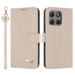 For Motorola Moto G15 / G15 Power Metal Bow Leather Phone Case with Hand Strap(Apricot)