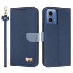 For Motorola Moto G35 Metal Bow Leather Phone Case with Hand Strap(Dark Blue)