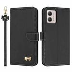 For Motorola Moto G73 5G Metal Bow Leather Phone Case with Hand Strap(Black)