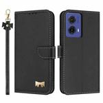 For Motorola Moto G85 5G Metal Bow Leather Phone Case with Hand Strap(Black)