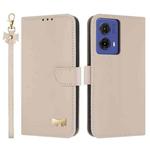 For Motorola Moto G85 5G Metal Bow Leather Phone Case with Hand Strap(Apricot)