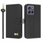 For Motorola Moto G56 5G Metal Bow Leather Phone Case with Hand Strap(Black)