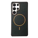 For Samsung Galaxy S22 Ultra 5G Thin Circle MagSafe Litchi Grain TPU Phone Case(Black Orange)