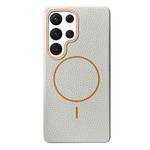 For Samsung Galaxy S22 Ultra 5G Thin Circle MagSafe Litchi Grain TPU Phone Case(White Orange)