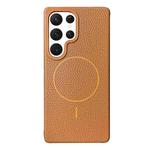 For Samsung Galaxy S22 Ultra 5G Thin Circle MagSafe Litchi Grain TPU Phone Case(Gold Brown)