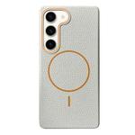 For Samsung Galaxy S23+ 5G Thin Circle MagSafe Litchi Grain TPU Phone Case(White Orange)