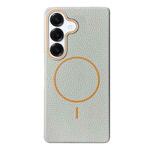 For Samsung Galaxy S25+ 5G Thin Circle MagSafe Litchi Grain TPU Phone Case(Grey Orange)