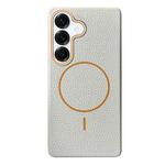 For Samsung Galaxy S25+ 5G Thin Circle MagSafe Litchi Grain TPU Phone Case(White Orange)