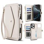 For iPhone 16 Pro Max Multifunctional Wallet Detachable Leather Phone Case with Lanyard(White)