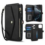 For iPhone 16 Pro Max Multifunctional Wallet Detachable Leather Phone Case with Lanyard(Black)