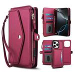 For iPhone 16 Pro Max Multifunctional Wallet Detachable Leather Phone Case with Lanyard(Red)