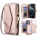 For iPhone 16 Pro Max Multifunctional Wallet Detachable Leather Phone Case with Lanyard(Rose Gold)