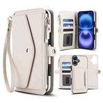 For iPhone 16 Multifunctional Wallet Detachable Leather Phone Case with Lanyard(White)