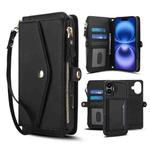 For iPhone 16 Multifunctional Wallet Detachable Leather Phone Case with Lanyard(Black)