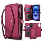 For iPhone 16 Multifunctional Wallet Detachable Leather Phone Case with Lanyard(Red)