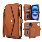 For iPhone 16 Multifunctional Wallet Detachable Leather Phone Case with Lanyard(Brown)