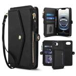 For iPhone 16e Multifunctional Wallet Detachable Leather Phone Case with Lanyard(Black)