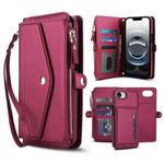 For iPhone 16e Multifunctional Wallet Detachable Leather Phone Case with Lanyard(Red)