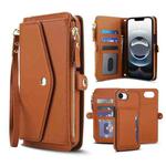 For iPhone 16e Multifunctional Wallet Detachable Leather Phone Case with Lanyard(Brown)