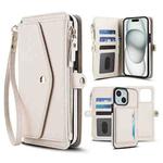 For iPhone 15 Plus Multifunctional Wallet Detachable Leather Phone Case with Lanyard(White)