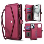 For iPhone 15 Plus Multifunctional Wallet Detachable Leather Phone Case with Lanyard(Red)
