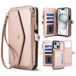 For iPhone 15 Plus Multifunctional Wallet Detachable Leather Phone Case with Lanyard(Rose Gold)