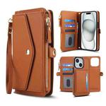 For iPhone 15 Plus Multifunctional Wallet Detachable Leather Phone Case with Lanyard(Brown)