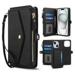 For iPhone 15 Multifunctional Wallet Detachable Leather Phone Case with Lanyard(Black)