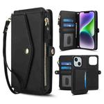 For iPhone 14 Multifunctional Wallet Detachable Leather Phone Case with Lanyard(Black)