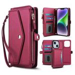 For iPhone 14 Multifunctional Wallet Detachable Leather Phone Case with Lanyard(Red)