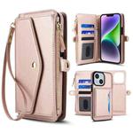 For iPhone 14 Multifunctional Wallet Detachable Leather Phone Case with Lanyard(Rose Gold)