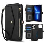 For iPhone 13 Pro Multifunctional Wallet Detachable Leather Phone Case with Lanyard(Black)