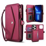 For iPhone 13 Pro Multifunctional Wallet Detachable Leather Phone Case with Lanyard(Red)