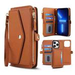For iPhone 13 Pro Multifunctional Wallet Detachable Leather Phone Case with Lanyard(Brown)