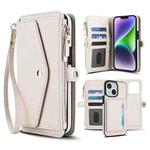 For iPhone 13 Multifunctional Wallet Detachable Leather Phone Case with Lanyard(White)