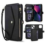 For iPhone 13 mini Multifunctional Wallet Detachable Leather Phone Case with Lanyard(Black)