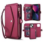 For iPhone 13 mini Multifunctional Wallet Detachable Leather Phone Case with Lanyard(Red)