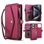 For iPhone 12 Pro Max Multifunctional Wallet Detachable Leather Phone Case with Lanyard(Red)