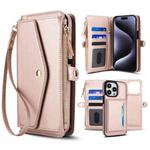 For iPhone 12 Pro Max Multifunctional Wallet Detachable Leather Phone Case with Lanyard(Rose Gold)